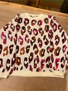 entro Cream Leopard-Print Crewneck Sweater with Pink & Brown Spots